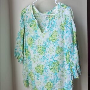 J. Jill Green and Blue Floral V-Neck Tunic